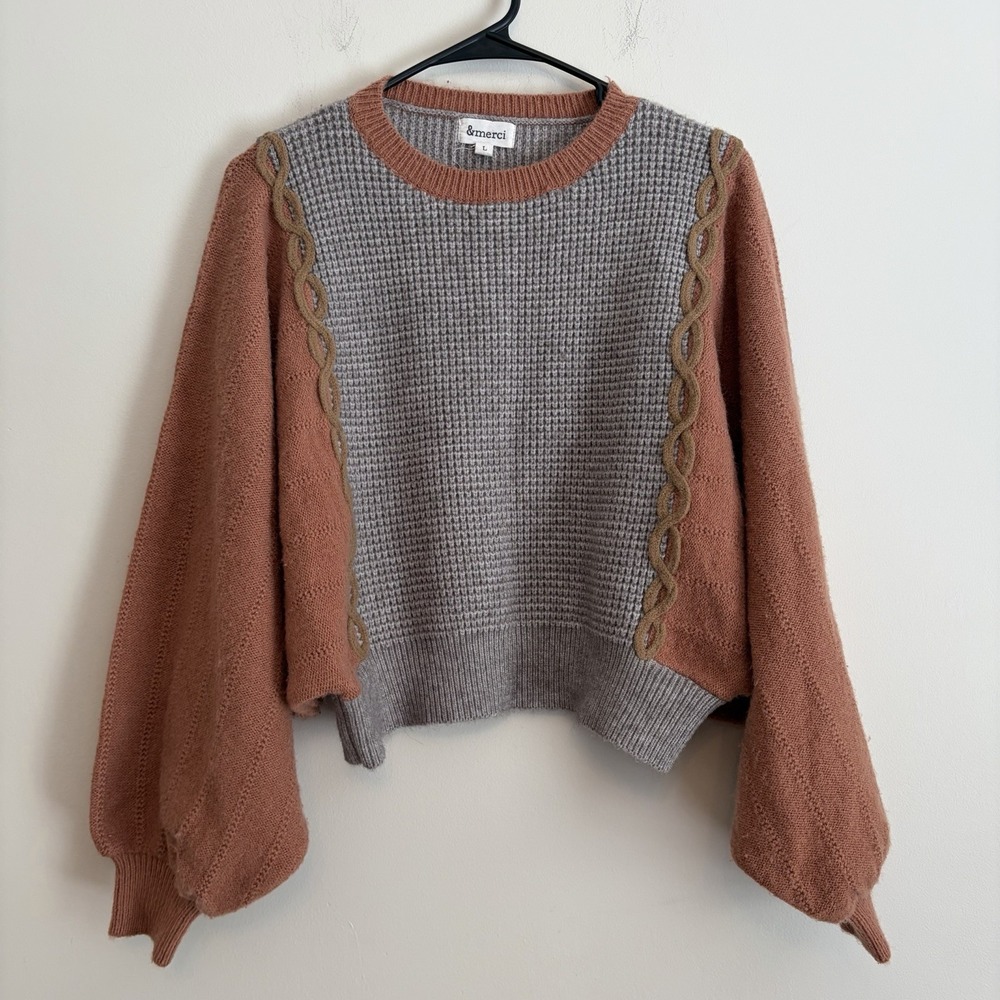 & Merci Colorblock Cropped Sweater‎ Dolman Puff Sleeve Large Grandpacore Neutral
